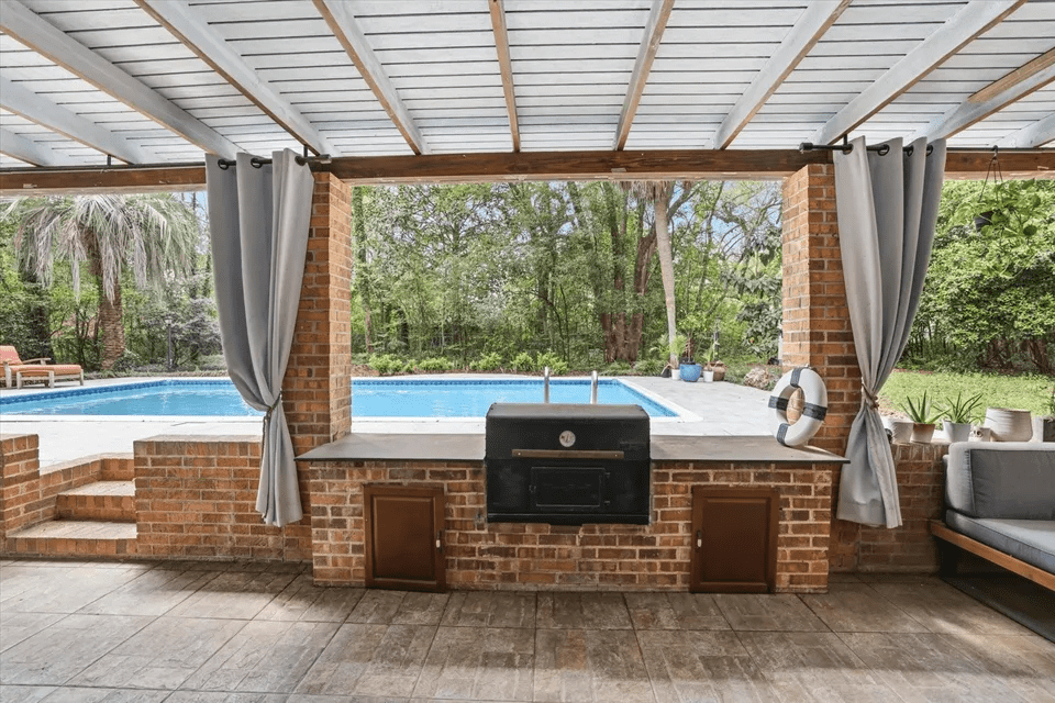 Covered patio with pool view