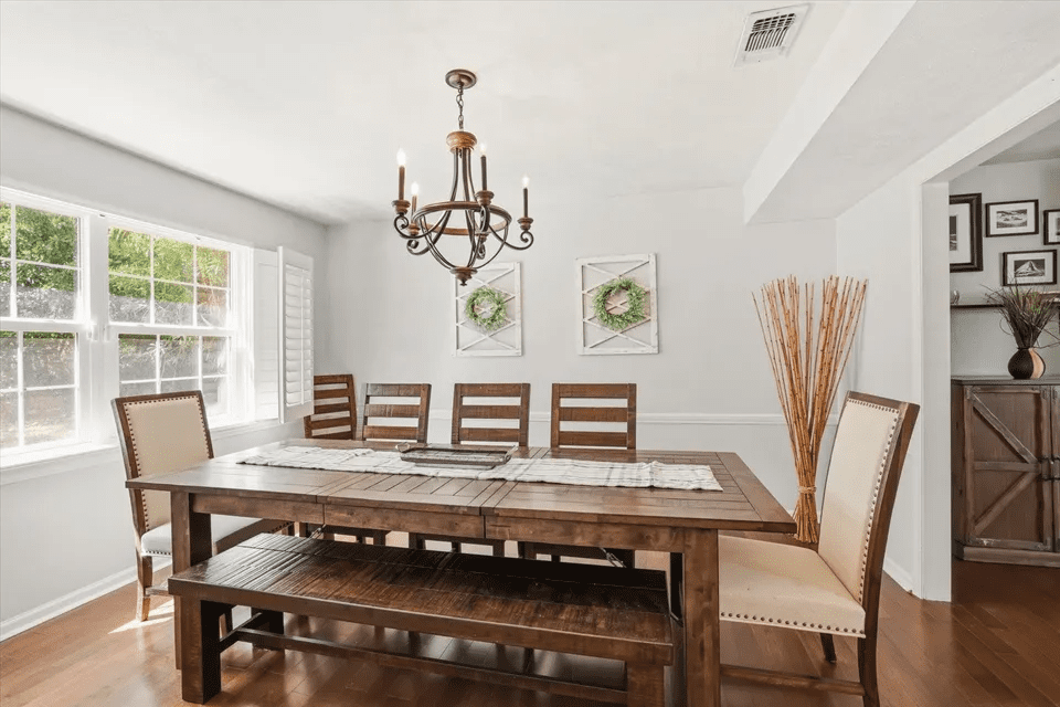 Dining room with wooden furniture