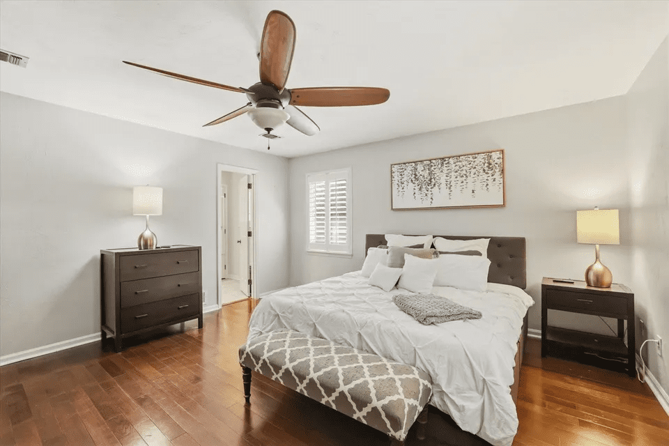 Cozy bedroom with ceiling fan
