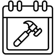 Calendar icon with a hammer symbol inside.