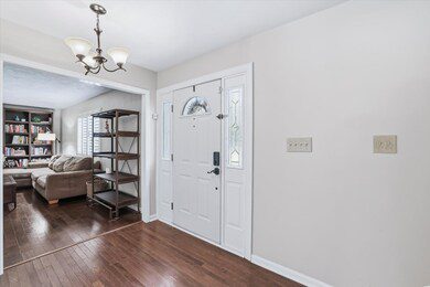 Bright entryway with white door and wooden floor.