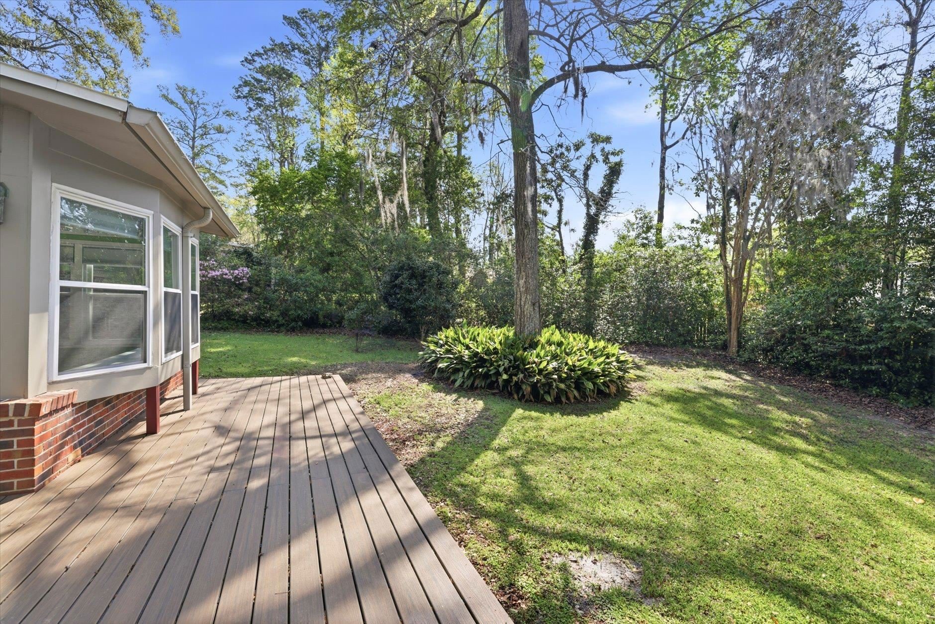 Sunny backyard with wooden deck and lush greenery.