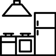 Black kitchen appliances and a ceiling light icon.
