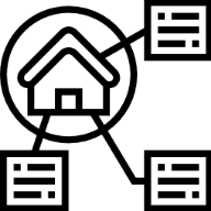 A house under magnifying glass with connected data panels.