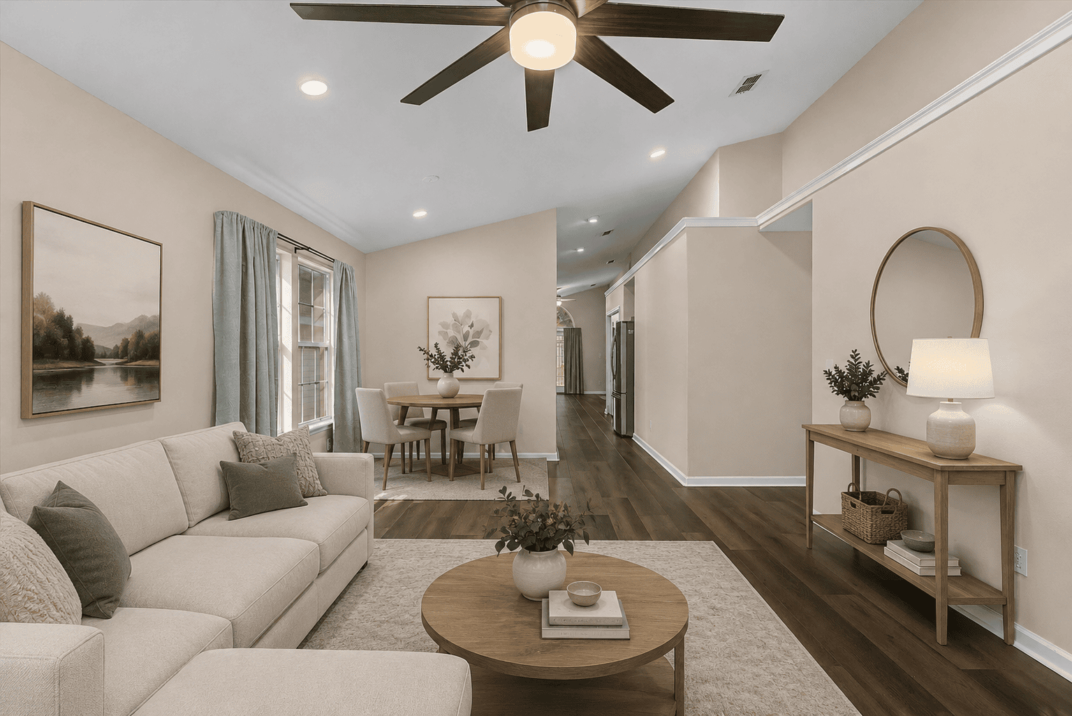 Neutral living room with dining nook